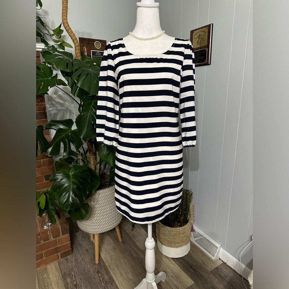 🛍️ Pink Owl 3/4 sleeve and back zipper while & blue dress size medium excellent